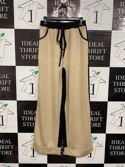 |L| WAIST 28| A55| BEIGE & BLACK COLORBLOCK DRAWSTRING-WAIST TECHNICAL UTILITY TROUSERS