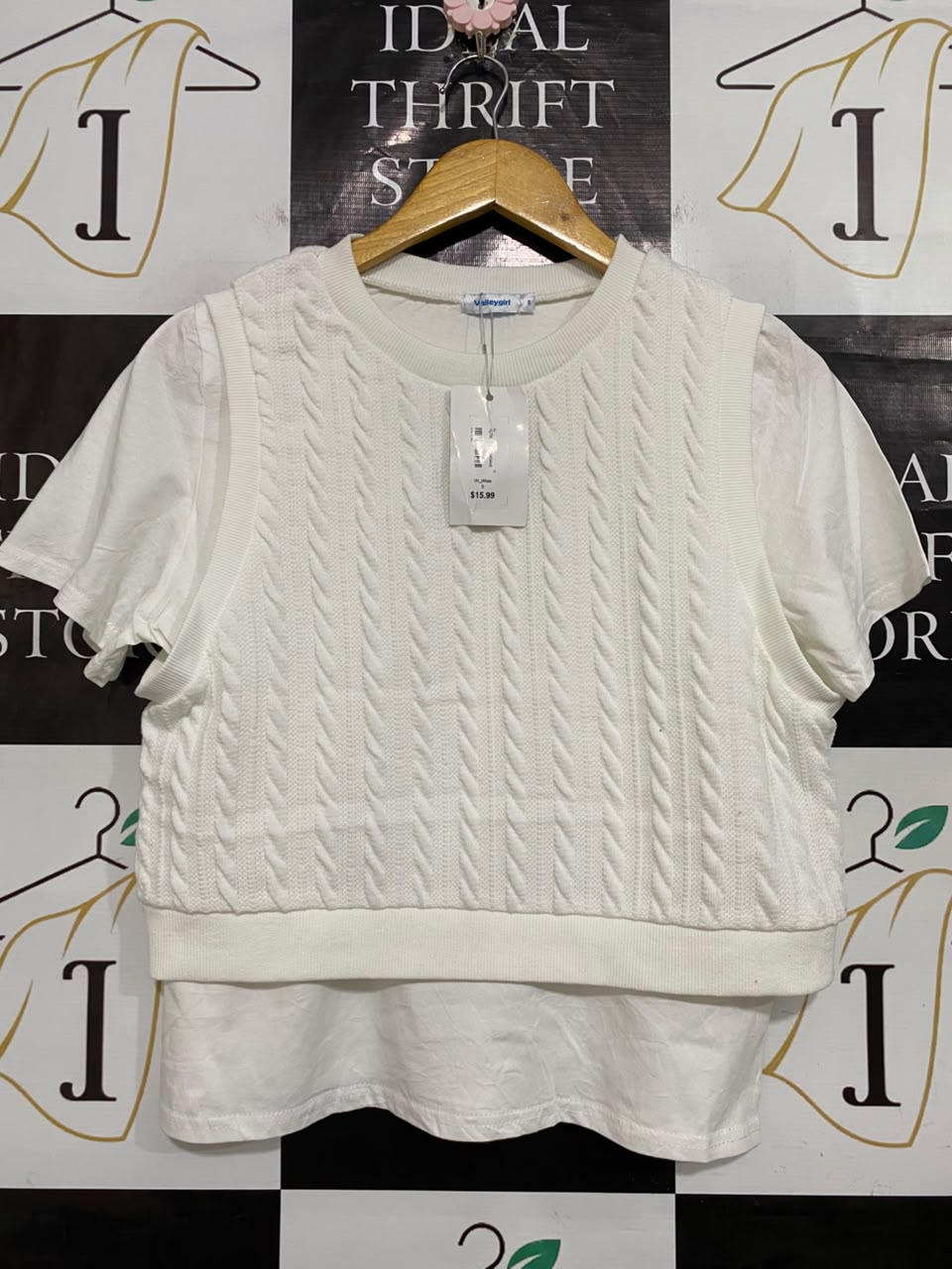 VALLEY GIRL |S| BUST 19| A55| WHITE CABLE-KNIT LAYERED-LOOK TECHNICAL UTILITY T-SHIRT & VEST COMBO