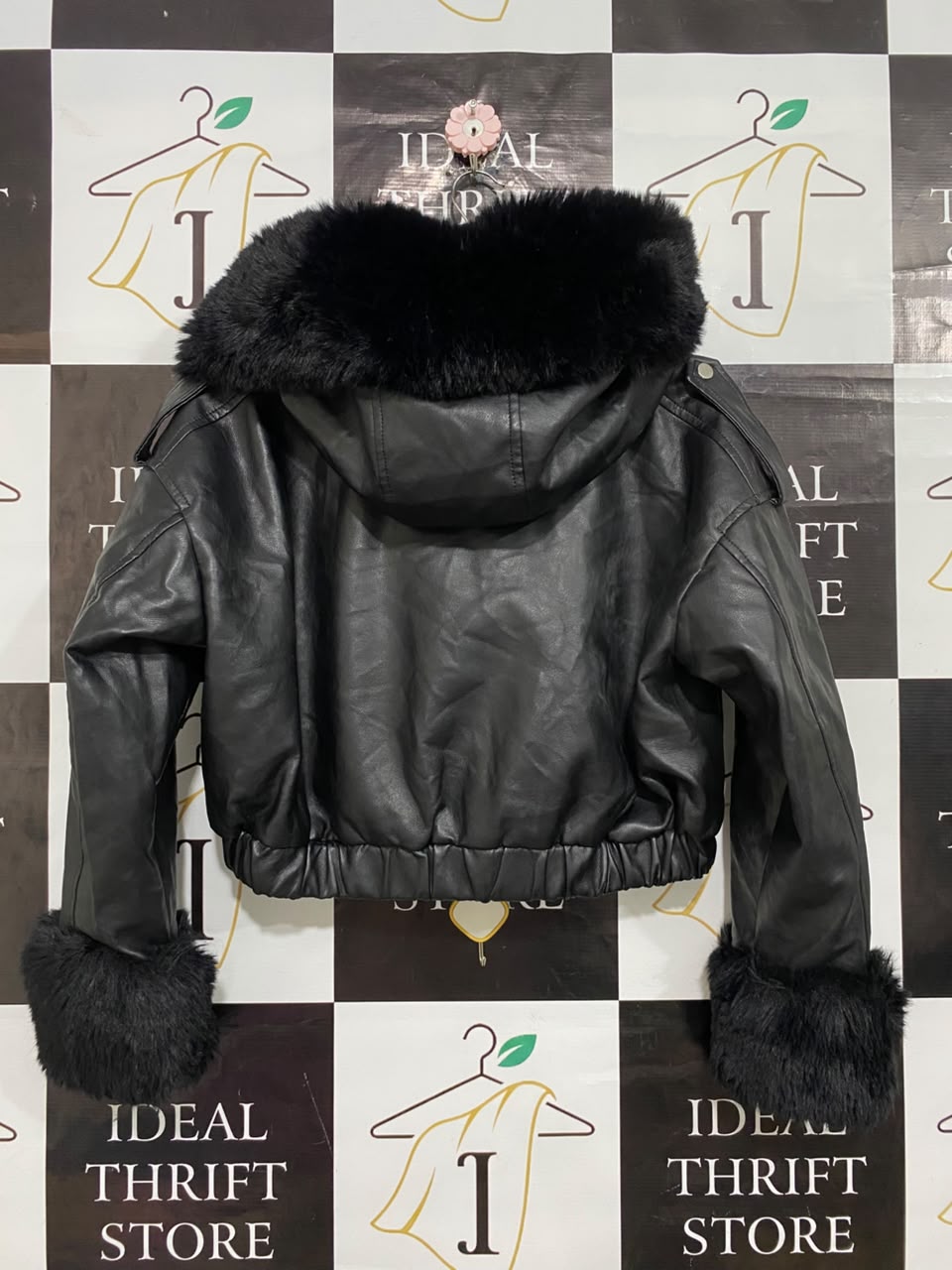 GIORGIA |S| BUST 23| A22| BLACK FAUX-LEATHER FUR-TRIM HOODED TECHNICAL UTILITY BOMBER JACKET