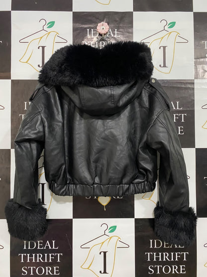 GIORGIA |S| BUST 23| A22| BLACK FAUX-LEATHER FUR-TRIM HOODED TECHNICAL UTILITY BOMBER JACKET