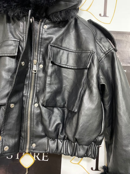 GIORGIA |S| BUST 23| A22| BLACK FAUX-LEATHER FUR-TRIM HOODED TECHNICAL UTILITY BOMBER JACKET