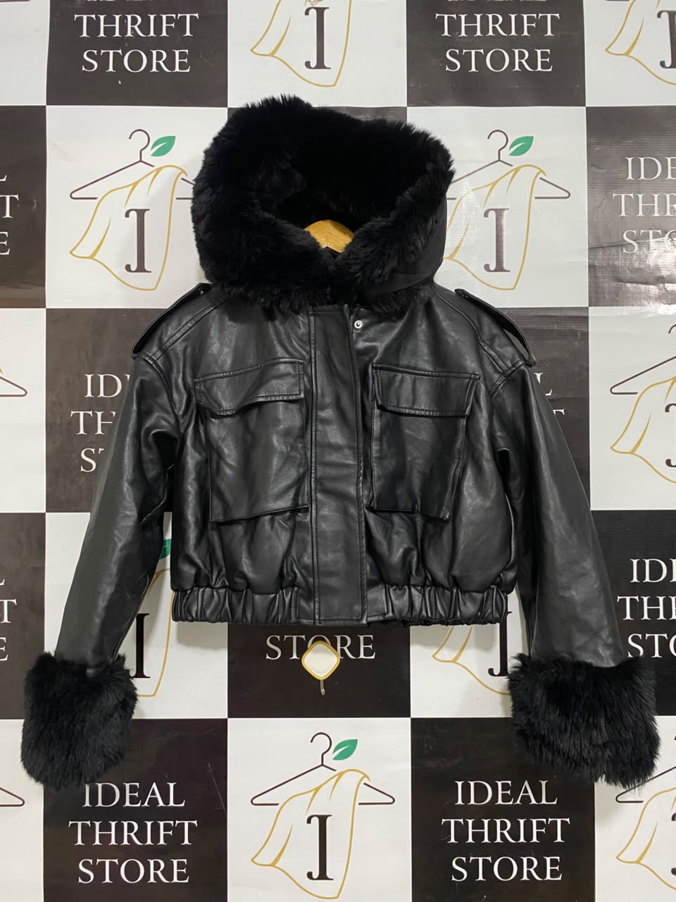 GIORGIA |S| BUST 23| A22| BLACK FAUX-LEATHER FUR-TRIM HOODED TECHNICAL UTILITY BOMBER JACKET