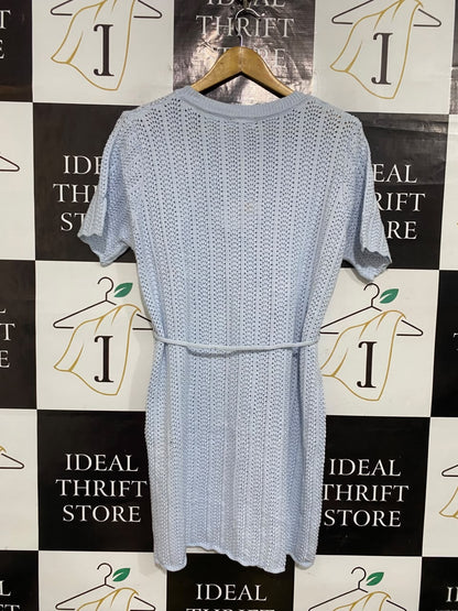 MINNIR & CO |M/L| BUST 20| A55| LIGHT BLUE OPEN-KNIT TIE-WAIST TECHNICAL UTILITY DRESS