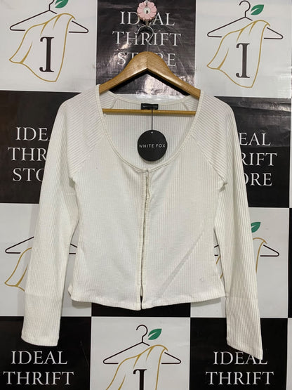 WHITE FOX |XL| BUST 16| A55| OFF-WHITE RIBBED ZIP-FRONT TECHNICAL UTILITY CARDIGAN