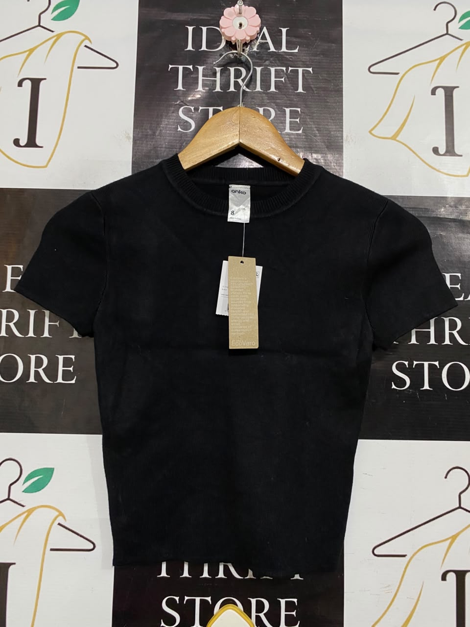 ANKO |S| BUST 12| A55| BLACK RIBBED SHORT-SLEEVE TECHNICAL UTILITY TOP