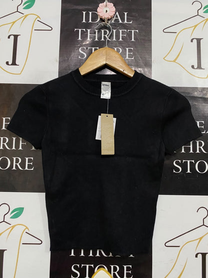 ANKO |S| BUST 12| A55| BLACK RIBBED SHORT-SLEEVE TECHNICAL UTILITY TOP