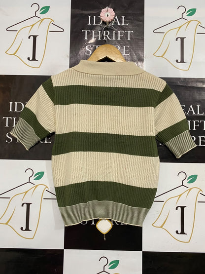 CHANEL |M| BUST 17| A55| OLIVE AND BEIGE STRIPED BUTTON-FRONT TECHNICAL UTILITY POLO SHIRT