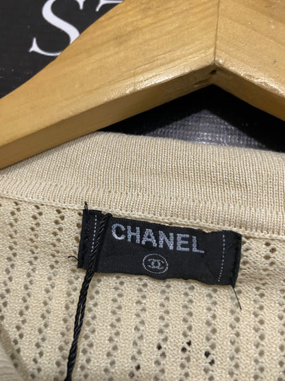 CHANEL |M| BUST 17| A55| OLIVE AND BEIGE STRIPED BUTTON-FRONT TECHNICAL UTILITY POLO SHIRT