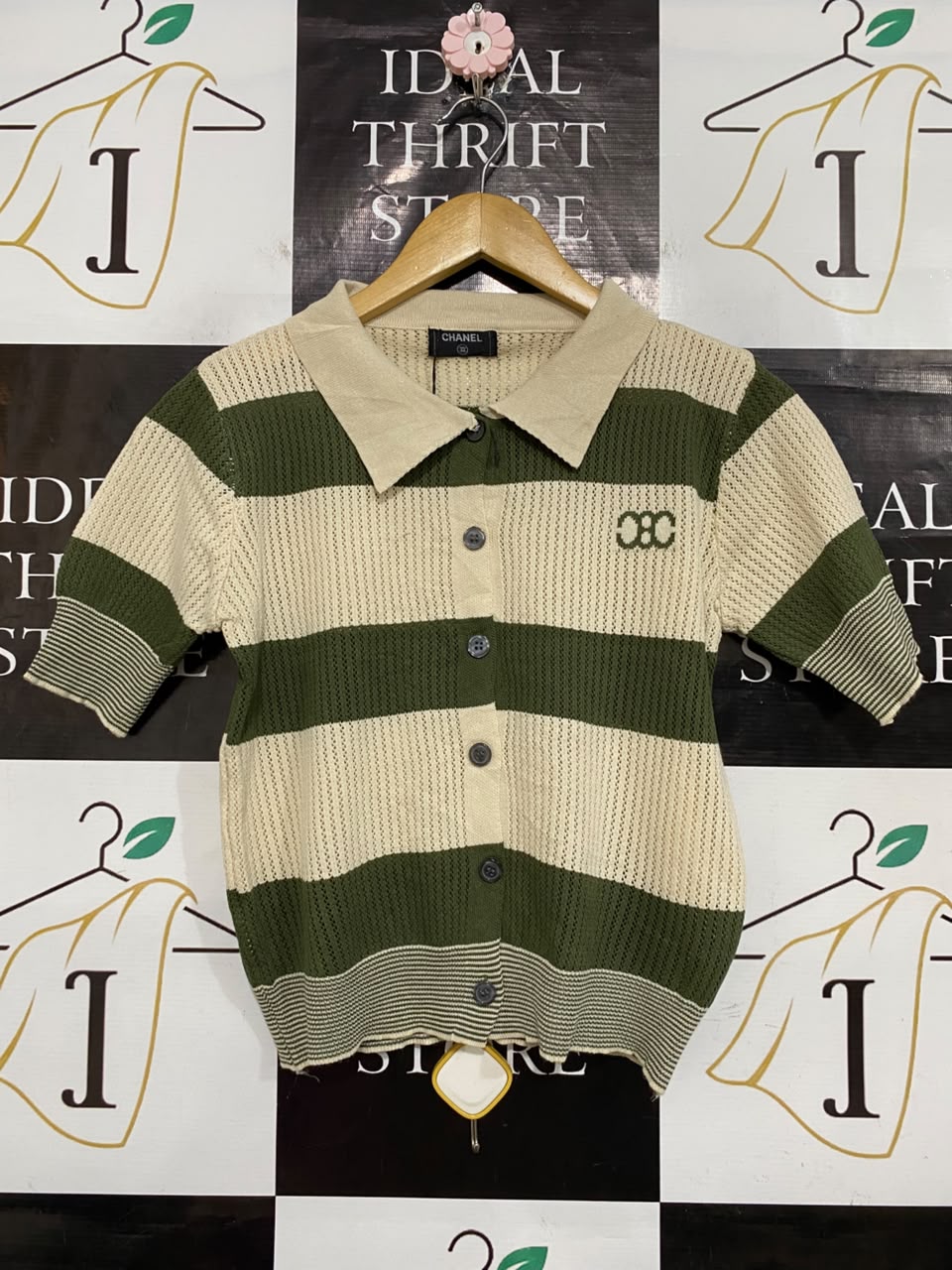 CHANEL |M| BUST 17| A55| OLIVE AND BEIGE STRIPED BUTTON-FRONT TECHNICAL UTILITY POLO SHIRT