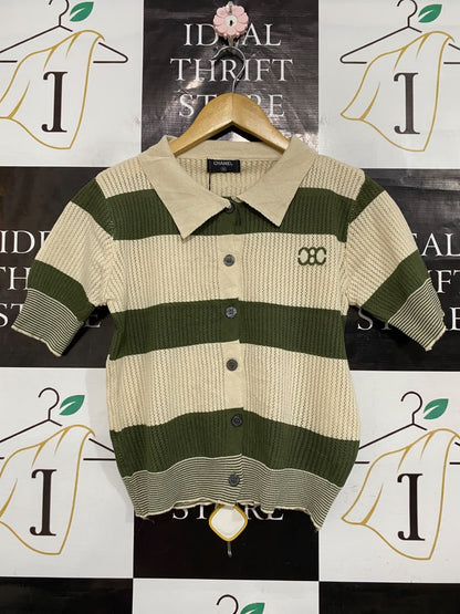 CHANEL |M| BUST 17| A55| OLIVE AND BEIGE STRIPED BUTTON-FRONT TECHNICAL UTILITY POLO SHIRT