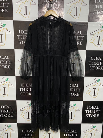 |M| BUST 18| A55| BLACK MOCK-NECK LACE AND SHEER MESH TECHNICAL UTILITY MIDI DRESS
