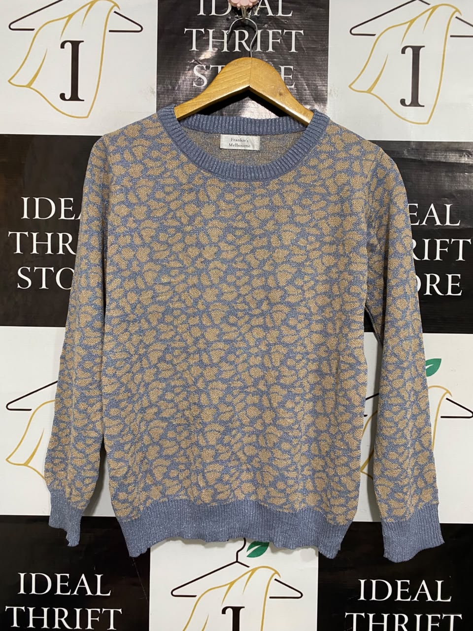 FRANKIES MELBOURNE |L| BUST 20| A55| GREY AND GOLD ANIMAL-PRINT TECHNICAL UTILITY SWEATER