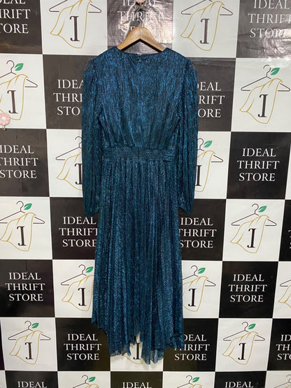 FOREVER NEW |S| BUST 16| A55| METALLIC BLUE TEAL LONG-SLEEVE WRAP-STYLE TECHNICAL UTILITY MIDI DRESS