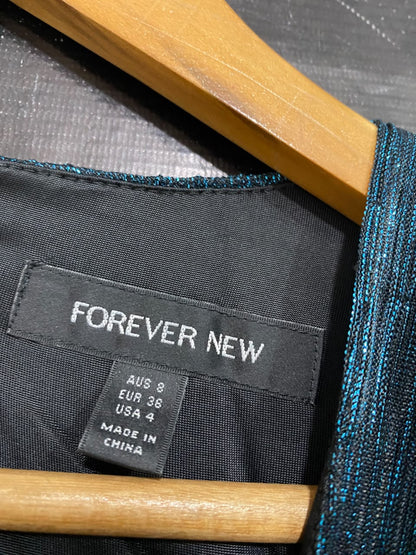 FOREVER NEW |S| BUST 16| A55| METALLIC BLUE TEAL LONG-SLEEVE WRAP-STYLE TECHNICAL UTILITY MIDI DRESS