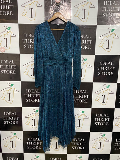 FOREVER NEW |S| BUST 16| A55| METALLIC BLUE TEAL LONG-SLEEVE WRAP-STYLE TECHNICAL UTILITY MIDI DRESS
