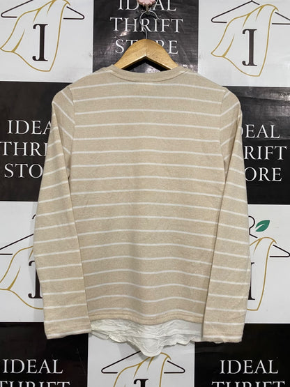 BELOVED |M| BUST 19| A55| BEIGE AND WHITE STRIPED LONG-SLEEVE TECHNICAL UTILITY SWEATSHIRT