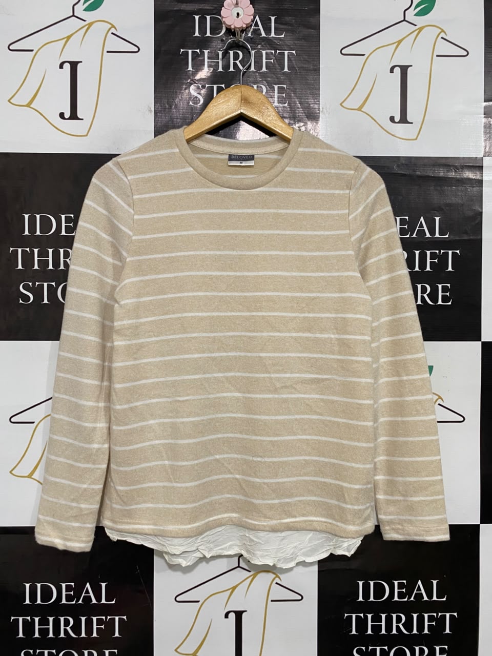 BELOVED |M| BUST 19| A55| BEIGE AND WHITE STRIPED LONG-SLEEVE TECHNICAL UTILITY SWEATSHIRT