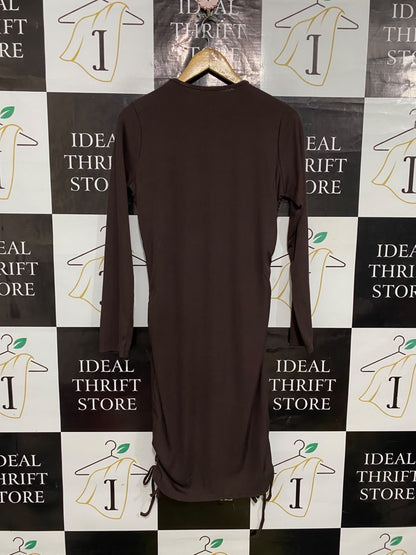 PRETTYLITTLE THING |M| BUST 18| A55| BROWN RIBBED LONG-SLEEVE DRAWSTRING TECHNICAL UTILITY MINI DRESS