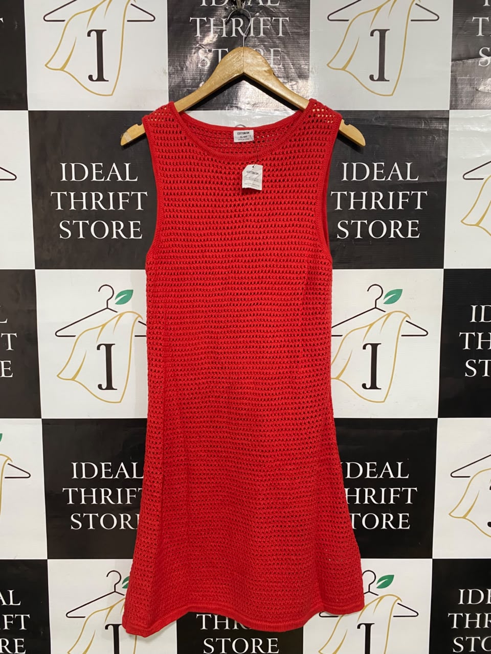 COTTON ON |XL| BUST 15| A55| RED SLEEVELESS OPEN-KNIT TECHNICAL UTILITY MINI DRESS