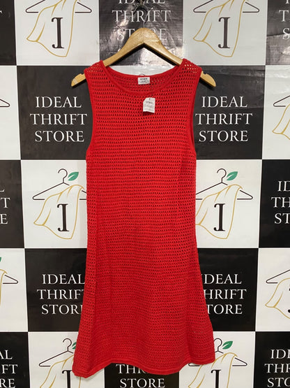COTTON ON |XL| BUST 15| A55| RED SLEEVELESS OPEN-KNIT TECHNICAL UTILITY MINI DRESS