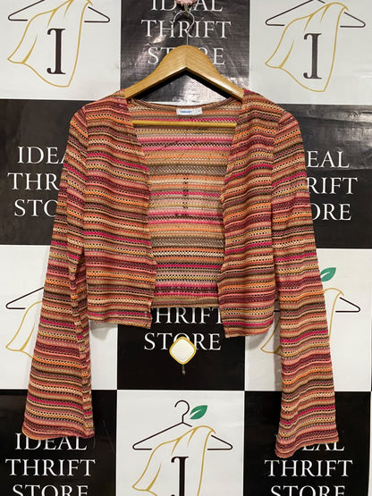 VALLEY GIRL |XL| BUST 17| A54| MULTICOLOR STRIPED OPEN-KNIT TECHNICAL UTILITY CROPPED CARDIGAN