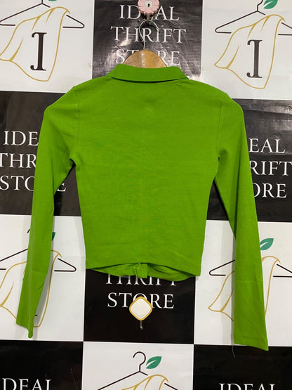 ZARA |S| BUST 14| A54| LIME GREEN LONG-SLEEVE RUFFLED BUTTON-FRONT TECHNICAL UTILITY POLO SHIRT