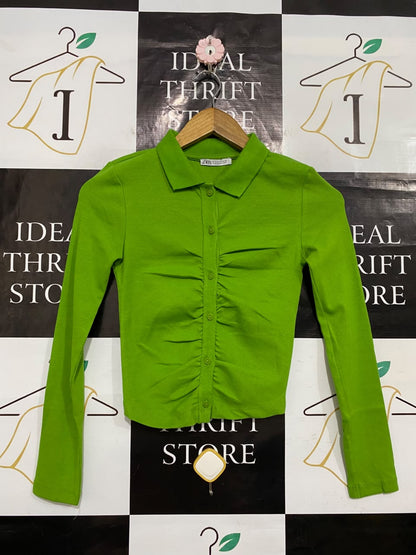 ZARA |S| BUST 14| A54| LIME GREEN LONG-SLEEVE RUFFLED BUTTON-FRONT TECHNICAL UTILITY POLO SHIRT