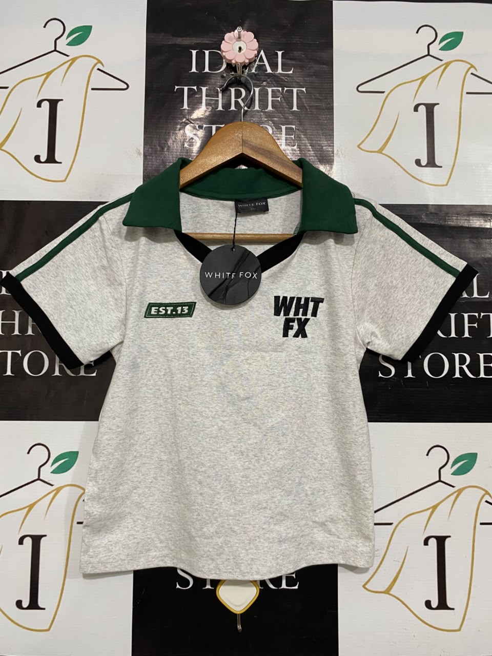 WHITE FOX |XS| BUST 16| A54| GREY AND GREEN SHORT-SLEEVE COLLARED TECHNICAL UTILITY TEE