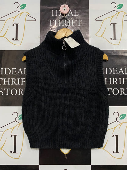 M&S |XS| BUST 18| A54| BLACK HALF-ZIP MOCK-NECK SLEEVELESS TECHNICAL UTILITY KNIT VEST
