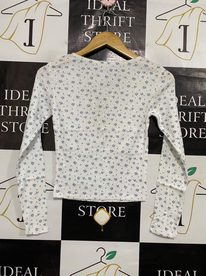 ANKO |XS| BUST 14| A54| WHITE AND BLUE FLORAL PRINT LONG-SLEEVE TECHNICAL UTILITY TOP