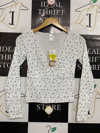 ANKO |XS| BUST 14| A54| WHITE AND BLUE FLORAL PRINT LONG-SLEEVE TECHNICAL UTILITY TOP
