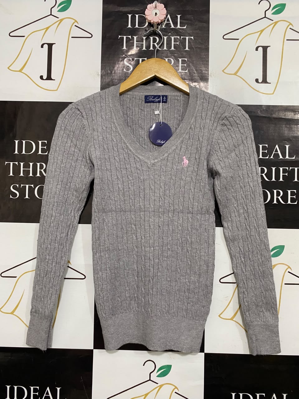 BALYFE |S| BUST 14| A54| GREY CABLE-KNIT V-NECK TECHNICAL UTILITY SWEATER