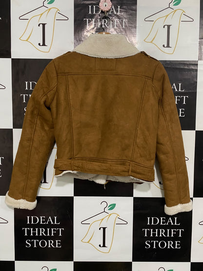 JENNYFER |S| BUST 20| A54| TAN AND WHITE FAUX-SHEARLING BIKER TECHNICAL UTILITY JACKET