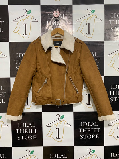 JENNYFER |S| BUST 20| A54| TAN AND WHITE FAUX-SHEARLING BIKER TECHNICAL UTILITY JACKET
