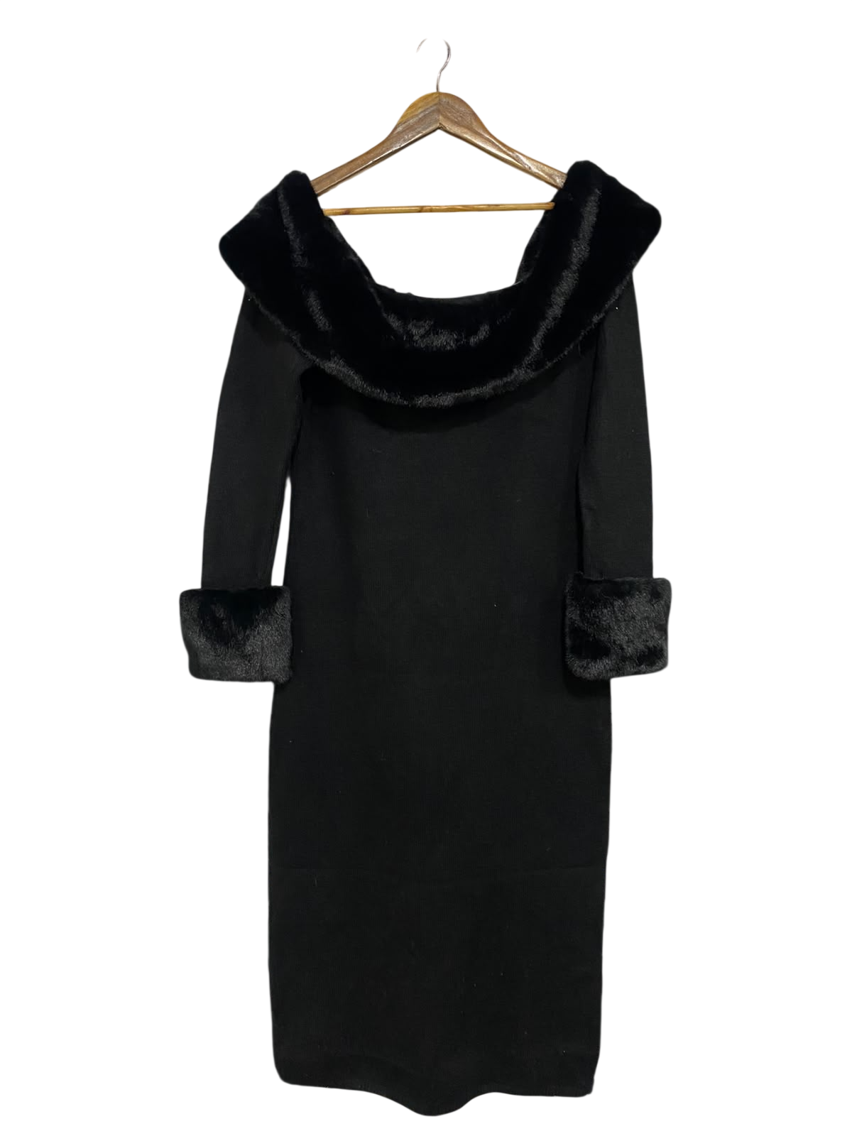 H&M |XL| BUST 19| A55| BLACK OFF-SHOULDER FAUX-FUR TRIM TECHNICAL UTILITY MIDI DRESS