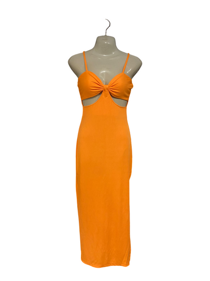 SHAREEN |S| BUST 15| A56| VIBRANT ORANGE KNOT-FRONT CUTOUT TECHNICAL UTILITY MAXI DRESS