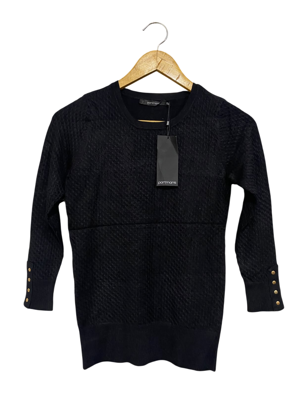 PORTMANS |XS| BUST 14| A56| BLACK TEXTURED CREWNECK BUTTON-CUFF TECHNICAL UTILITY SWEATER