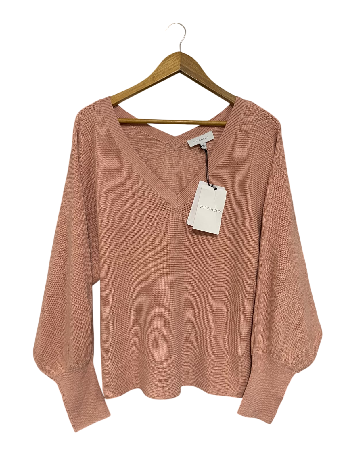 WITCHERY |S| BUST 18| A56| DUSTY PINK V-NECK BALLOON-SLEEVE TECHNICAL UTILITY SWEATER