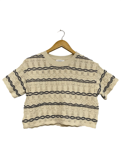 ZARA |XS| BUST 18| A56| OFF-WHITE AND BLACK STRIPED SHORT-SLEEVE TECHNICAL UTILITY SWEATER