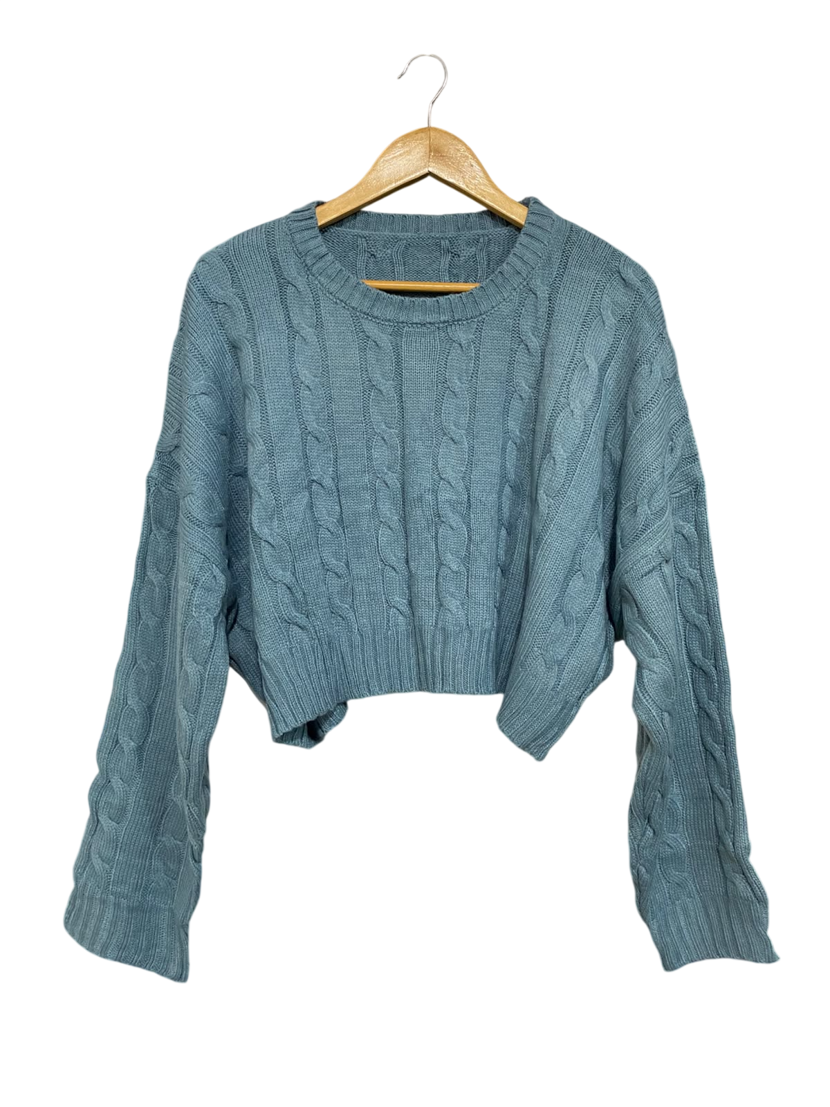 DAZY |L| BUST 28| A56| SAGE BLUE CABLE-KNIT CROPPED TECHNICAL UTILITY SWEATER
