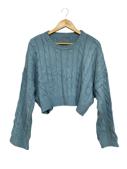 DAZY |L| BUST 28| A56| SAGE BLUE CABLE-KNIT CROPPED TECHNICAL UTILITY SWEATER