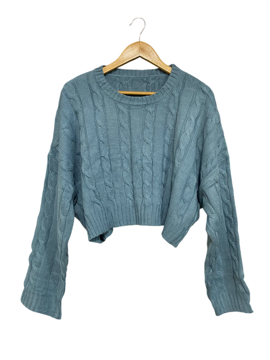 DAZY |L| BUST 28| A56| SAGE BLUE CABLE-KNIT CROPPED TECHNICAL UTILITY SWEATER