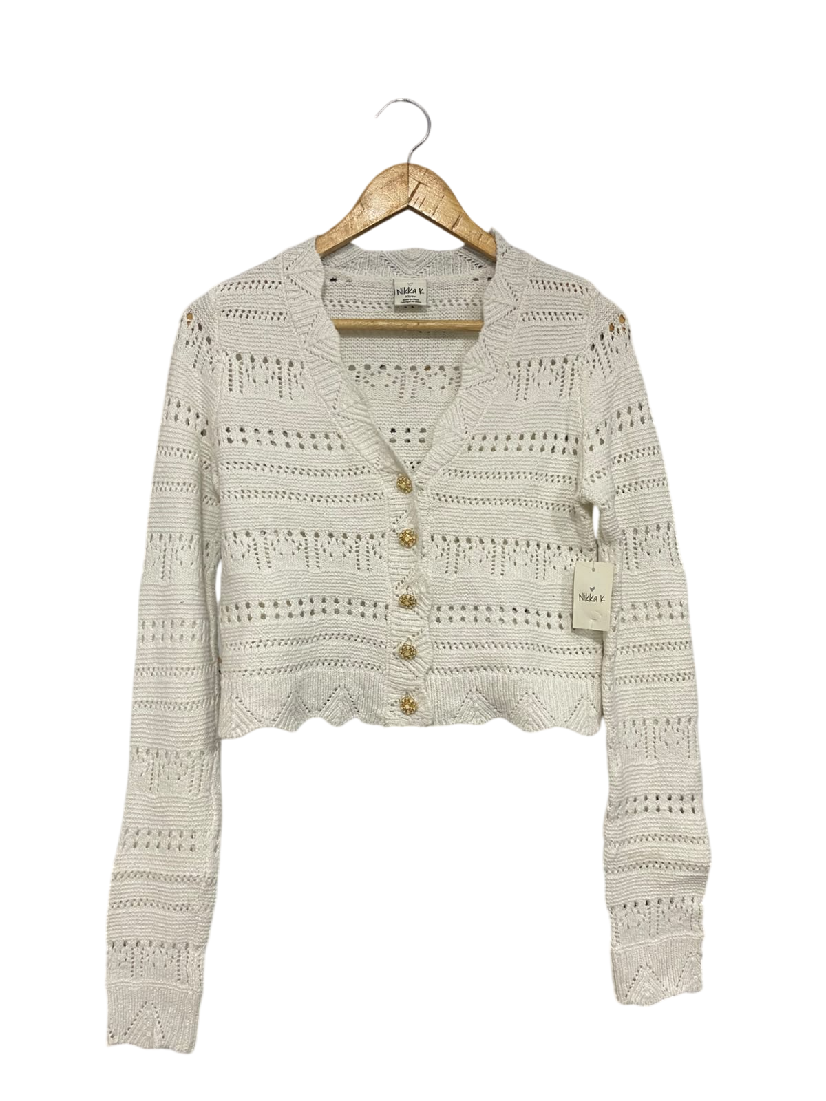 NIKKAK |XS| BUST 18 | A56| OFF-WHITE OPEN-KNIT GOLD-BUTTON TECHNICAL UTILITY CARDIGAN