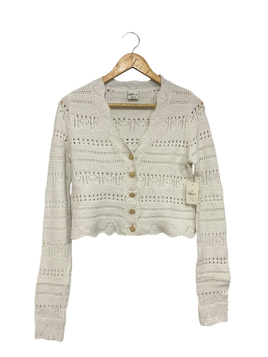 NIKKAK |XS| BUST 18 | A56| OFF-WHITE OPEN-KNIT GOLD-BUTTON TECHNICAL UTILITY CARDIGAN