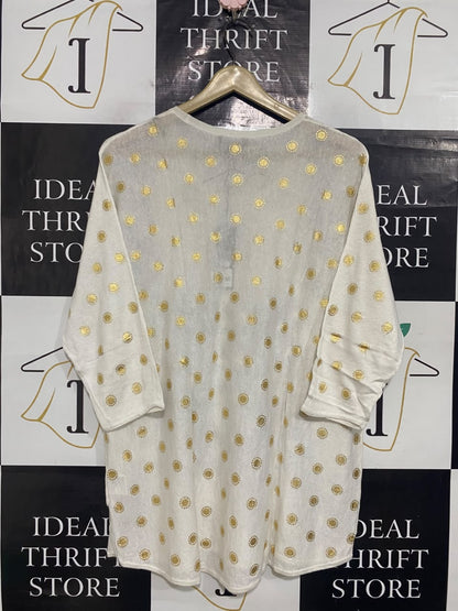 SUSSAN |M| BUST 24| A56| OFF-WHITE AND GOLD FOIL POLKA-DOT TECHNICAL UTILITY SWEATER