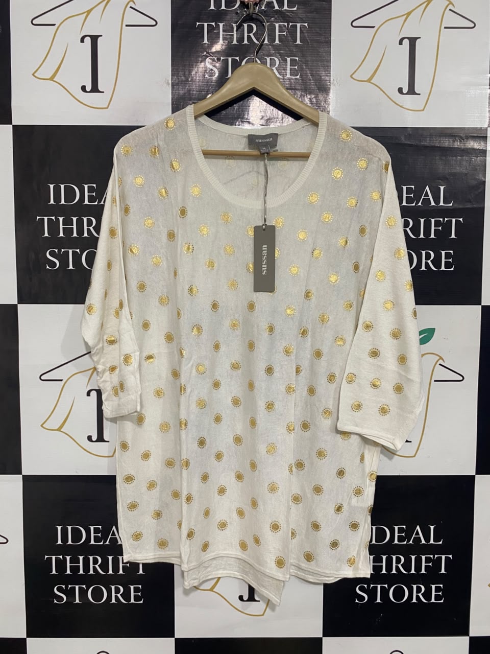 SUSSAN |M| BUST 24| A56| OFF-WHITE AND GOLD FOIL POLKA-DOT TECHNICAL UTILITY SWEATER