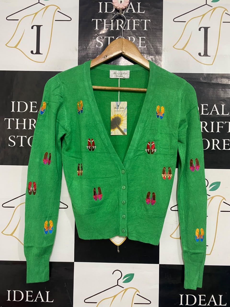 MISS JOLIE |S| BUST 16| A56| GREEN EMBROIDERED SHOE-MOTIF TECHNICAL UTILITY CARDIGAN