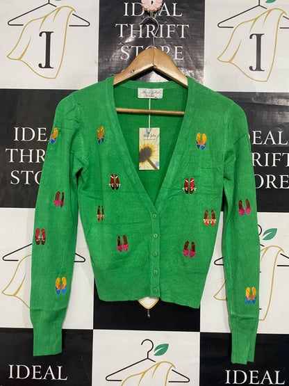 MISS JOLIE |S| BUST 16| A56| GREEN EMBROIDERED SHOE-MOTIF TECHNICAL UTILITY CARDIGAN