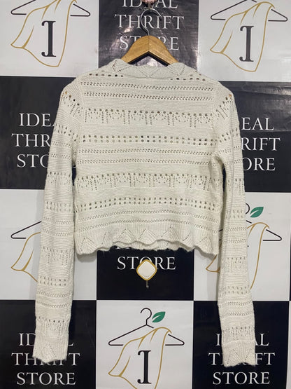 NIKKAK |XS| BUST 18 | A56| OFF-WHITE OPEN-KNIT GOLD-BUTTON TECHNICAL UTILITY CARDIGAN
