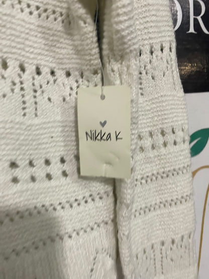 NIKKAK |XS| BUST 18 | A56| OFF-WHITE OPEN-KNIT GOLD-BUTTON TECHNICAL UTILITY CARDIGAN